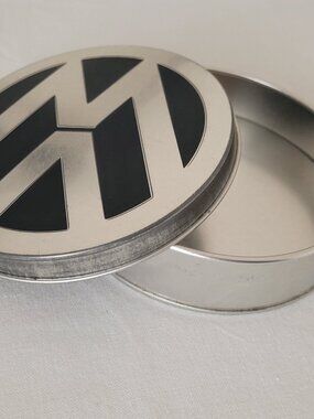 VW Volkswagen Tin Metal Round Trinket Container Silver & Black